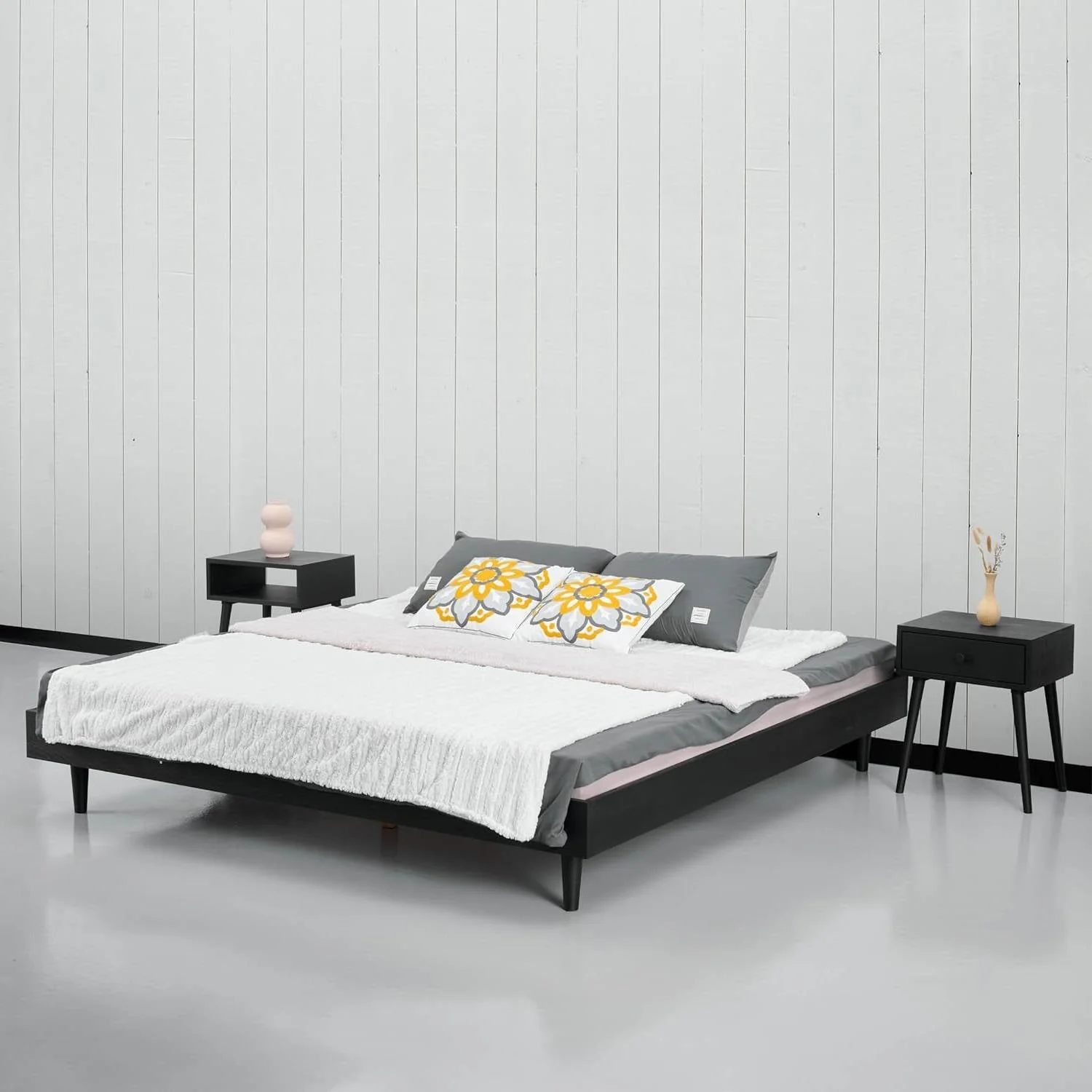 King size Mid-Century Modern Platform Bed Frame in Black Wood Finish - Image 2
