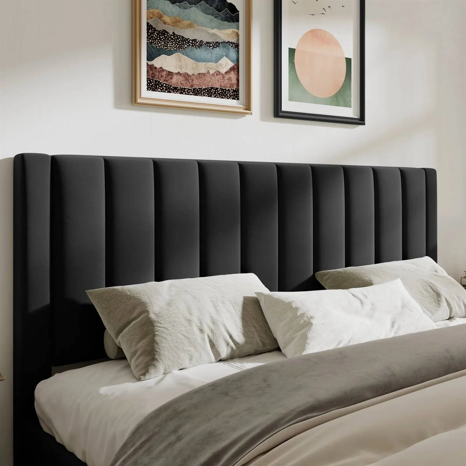 King size Modern Black Velvet Upholstered Platform Bed with Headboard - Image 2