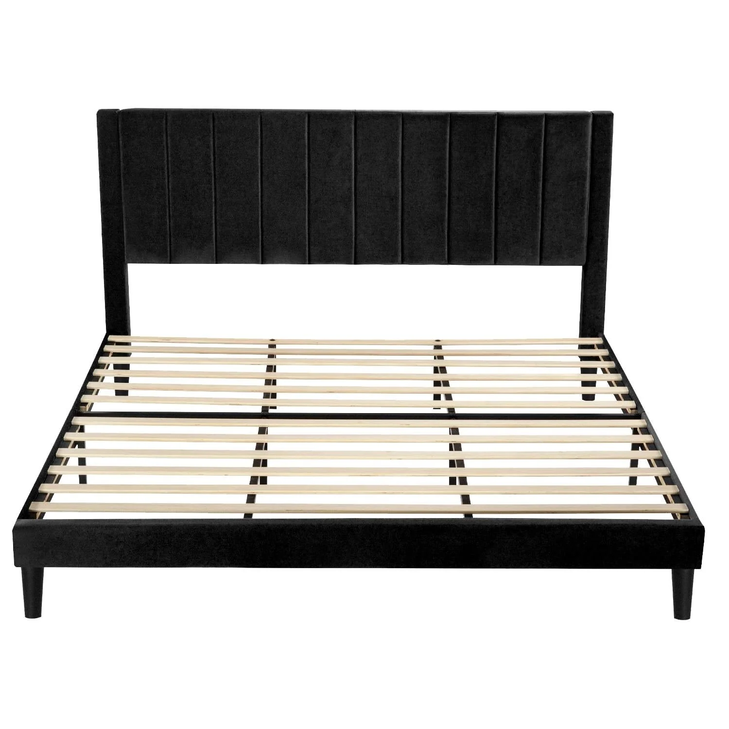 King size Modern Black Velvet Upholstered Platform Bed with Headboard - Image 3
