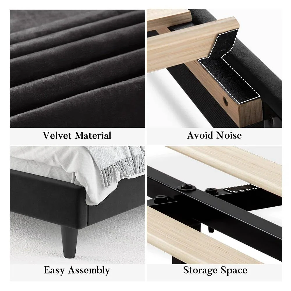 King size Modern Black Velvet Upholstered Platform Bed with Headboard - Image 4