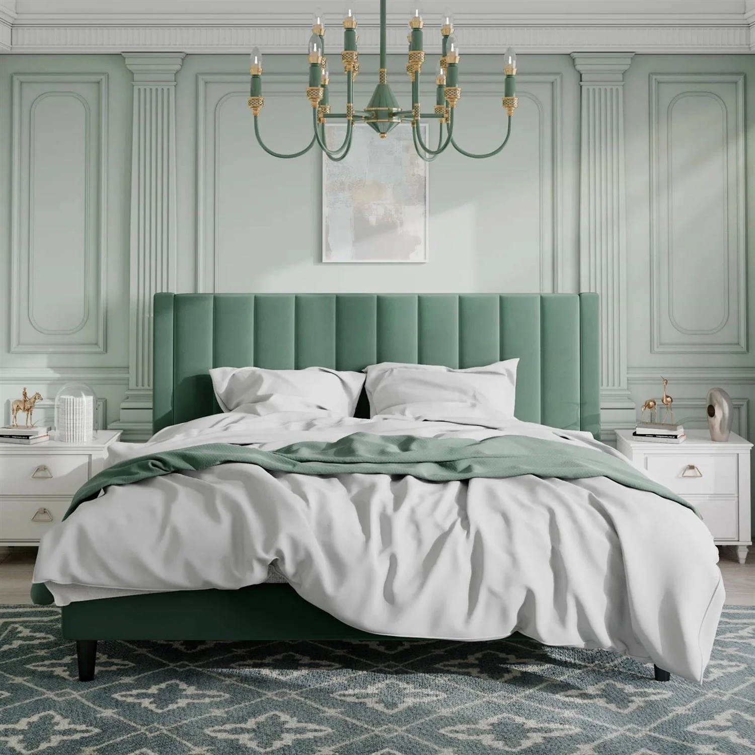 King size Modern Green Velvet Upholstered Platform Bed with Headboard - Image 2