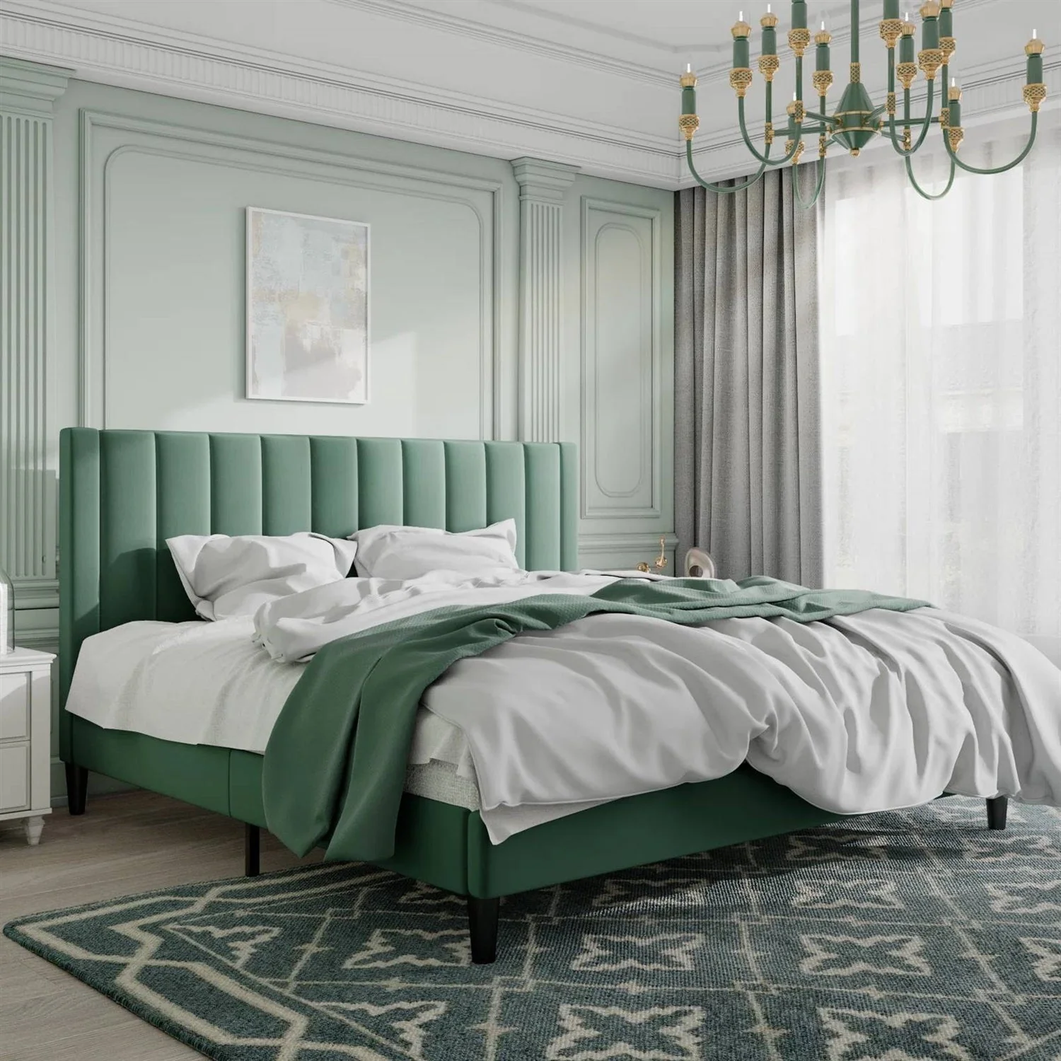 King size Modern Green Velvet Upholstered Platform Bed with Headboard - Image 3
