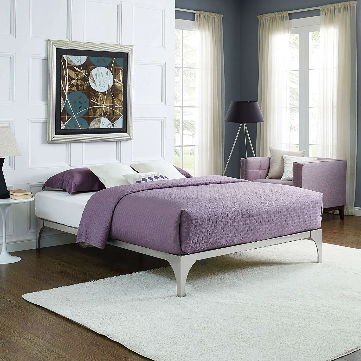 King size Modern Metal Platform Bed Frame in Silver Finish with Wood Slats - Image 4