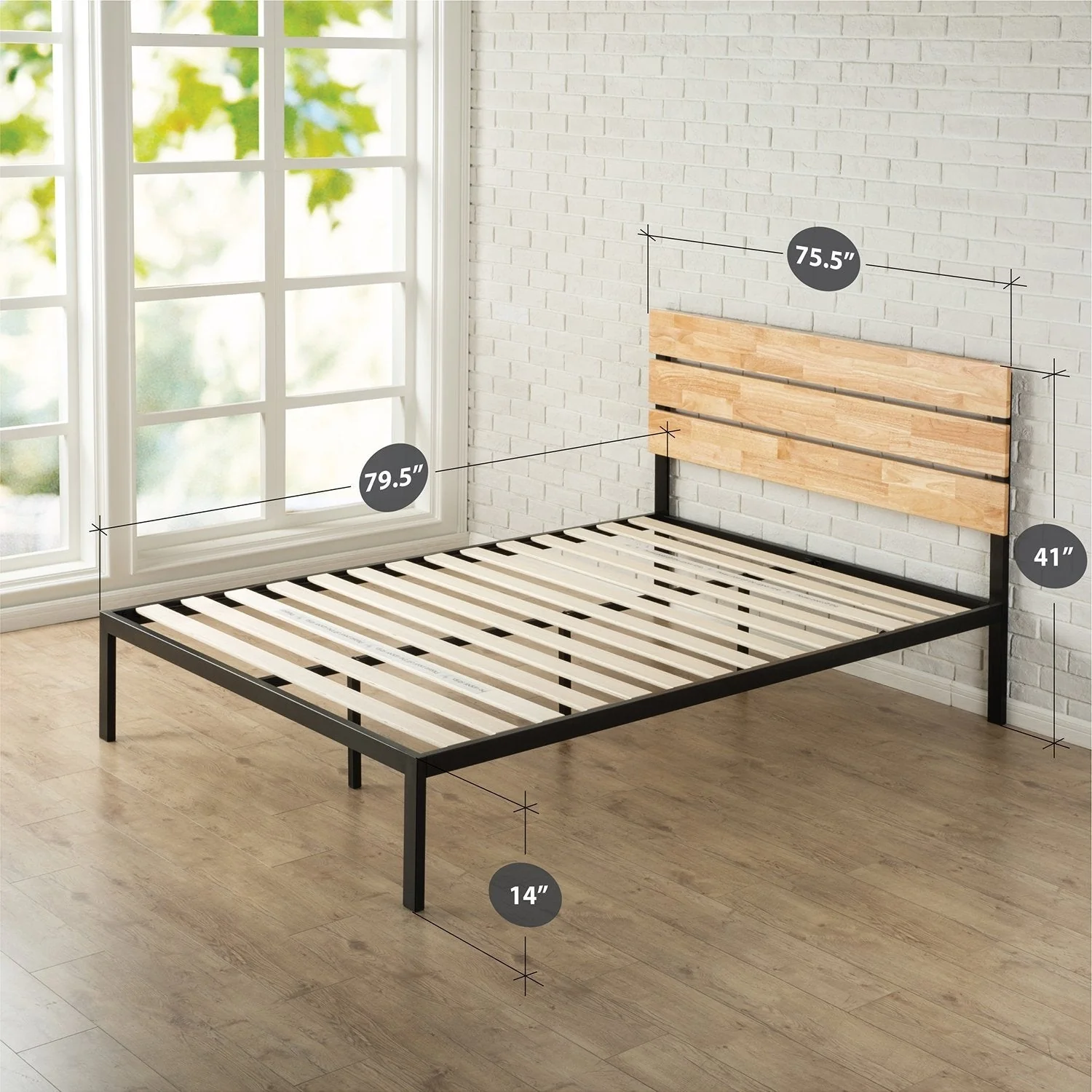 King size Modern Metal Platform Bed Frame with Wood Headboard and Slats - Image 3
