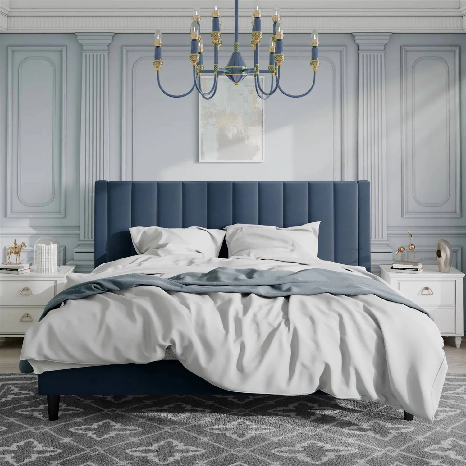 King size Modern Navy Blue Velvet Upholstered Platform Bed with Headboard - Image 2