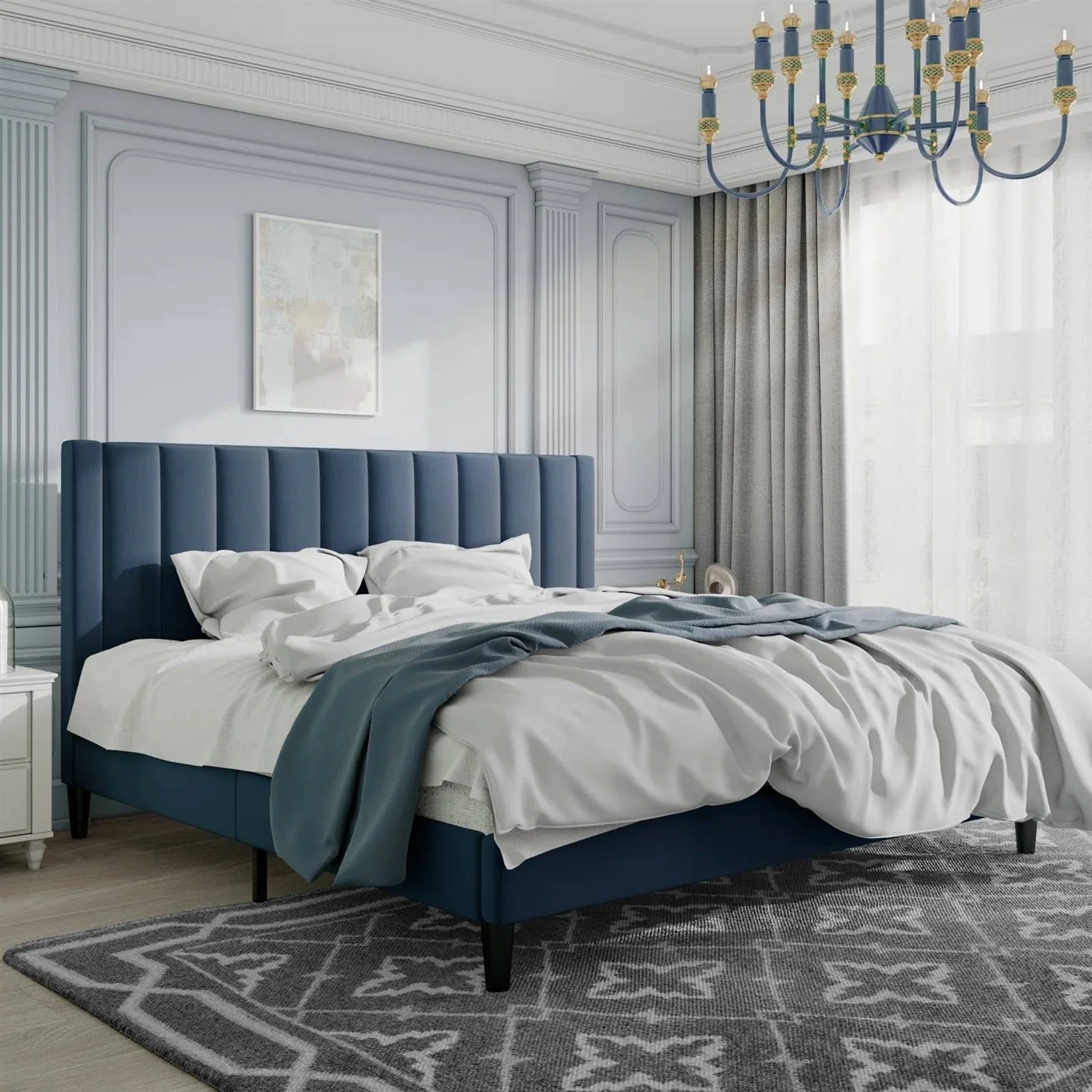 King size Modern Navy Blue Velvet Upholstered Platform Bed with Headboard - Image 3