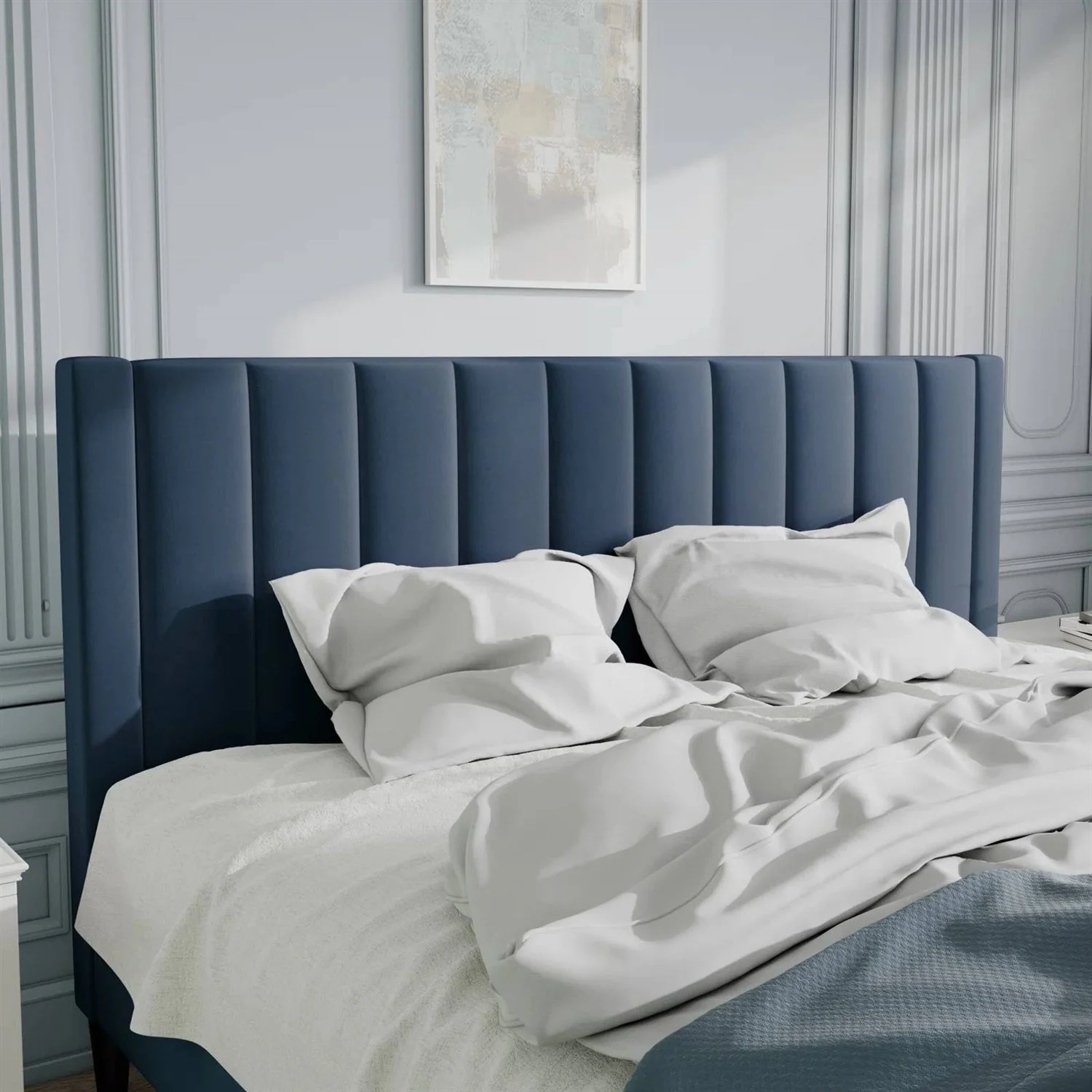 King size Modern Navy Blue Velvet Upholstered Platform Bed with Headboard - Image 4