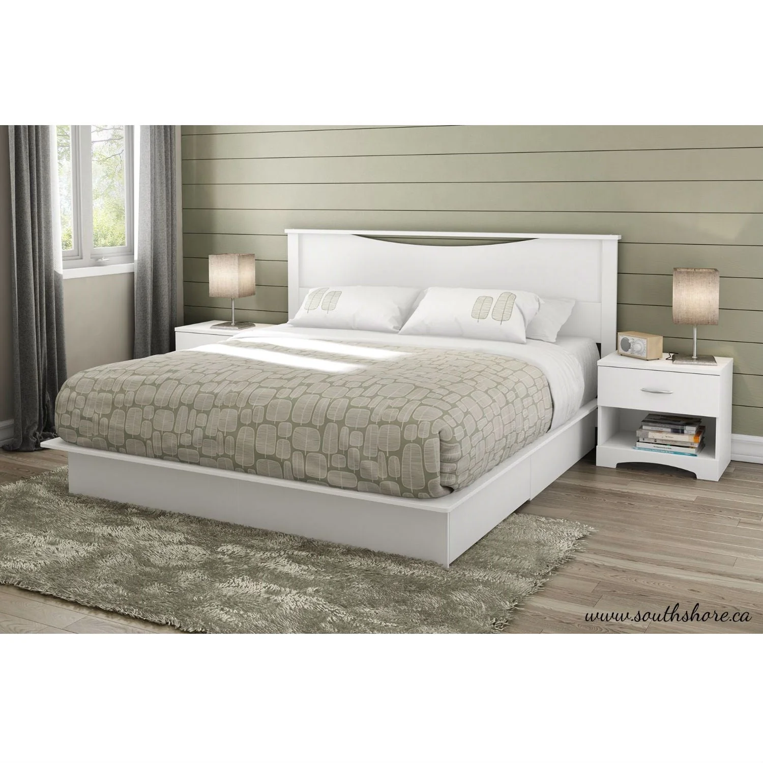 King size Modern Platform Bed with Storage Drawers in White Finish - Image 2