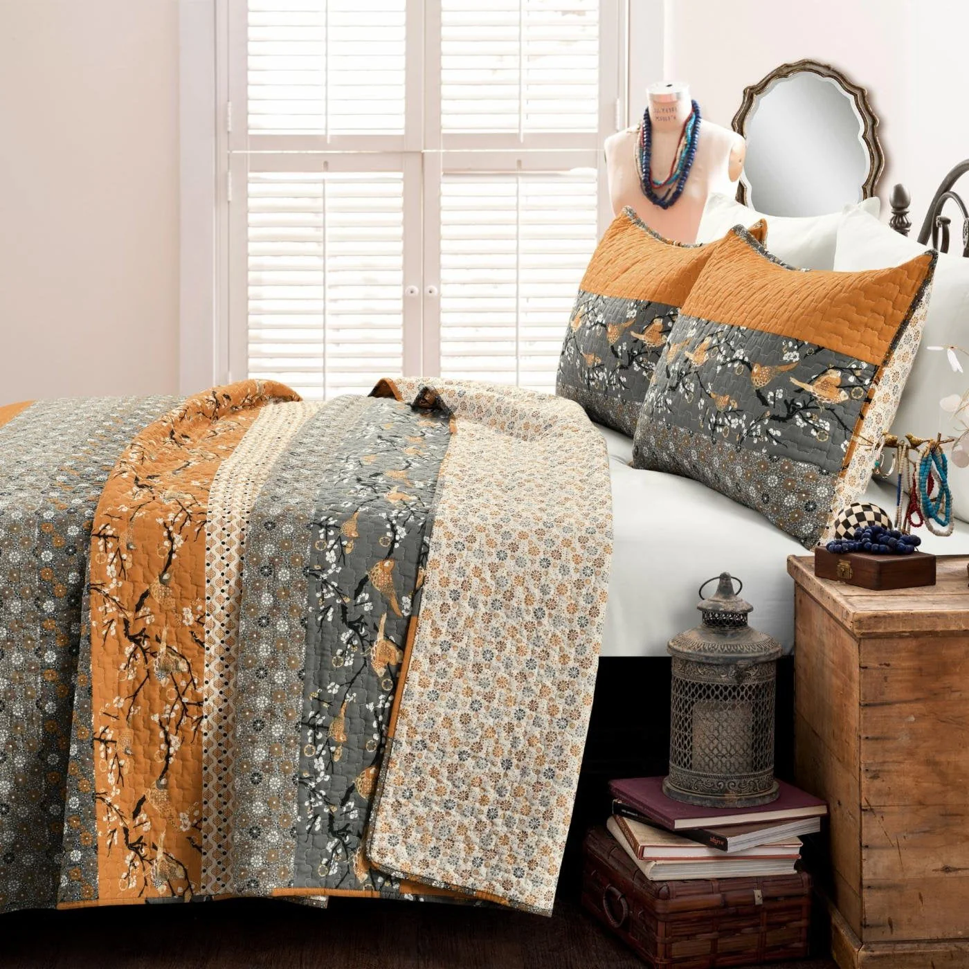 King Size Orange Grey Floral Birds Reversible 3 Piece Quilt Set - Image 2
