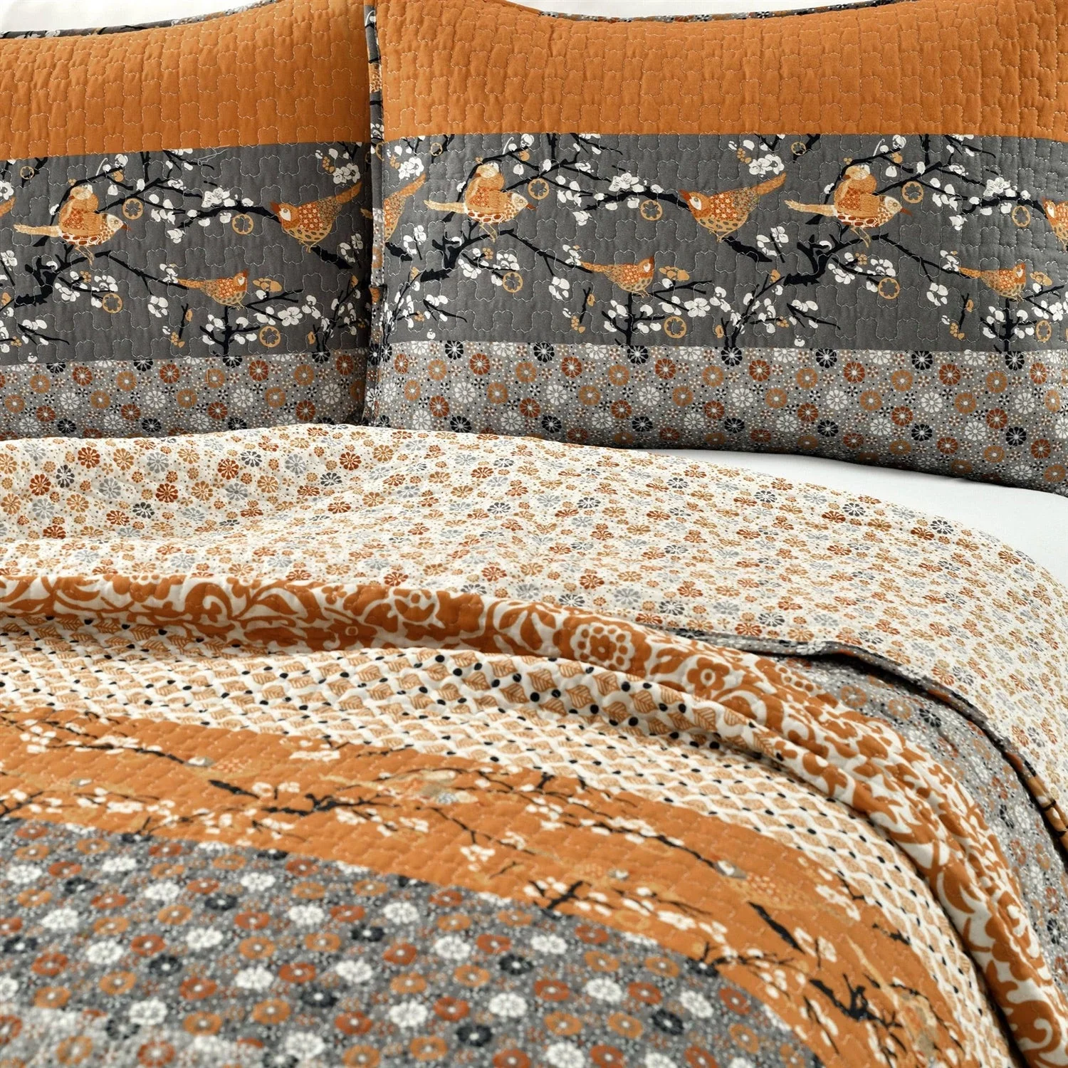 King Size Orange Grey Floral Birds Reversible 3 Piece Quilt Set - Image 3