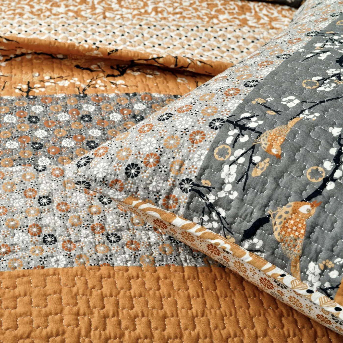 King Size Orange Grey Floral Birds Reversible 3 Piece Quilt Set - Image 4
