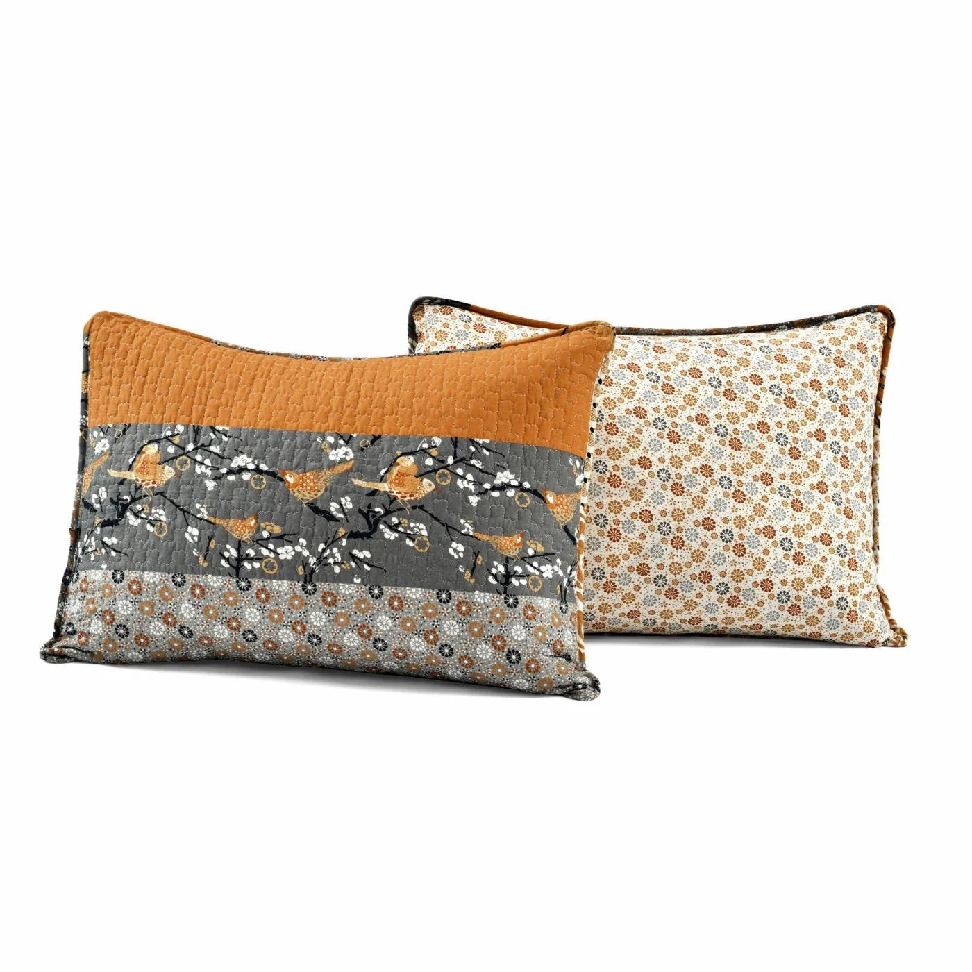 King Size Orange Grey Floral Birds Reversible 3 Piece Quilt Set - Image 5