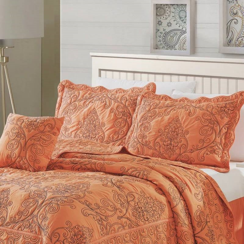 King size Orange Nectarine Damask Embroidered 4 Piece Oversized Bedspread Set - Image 3