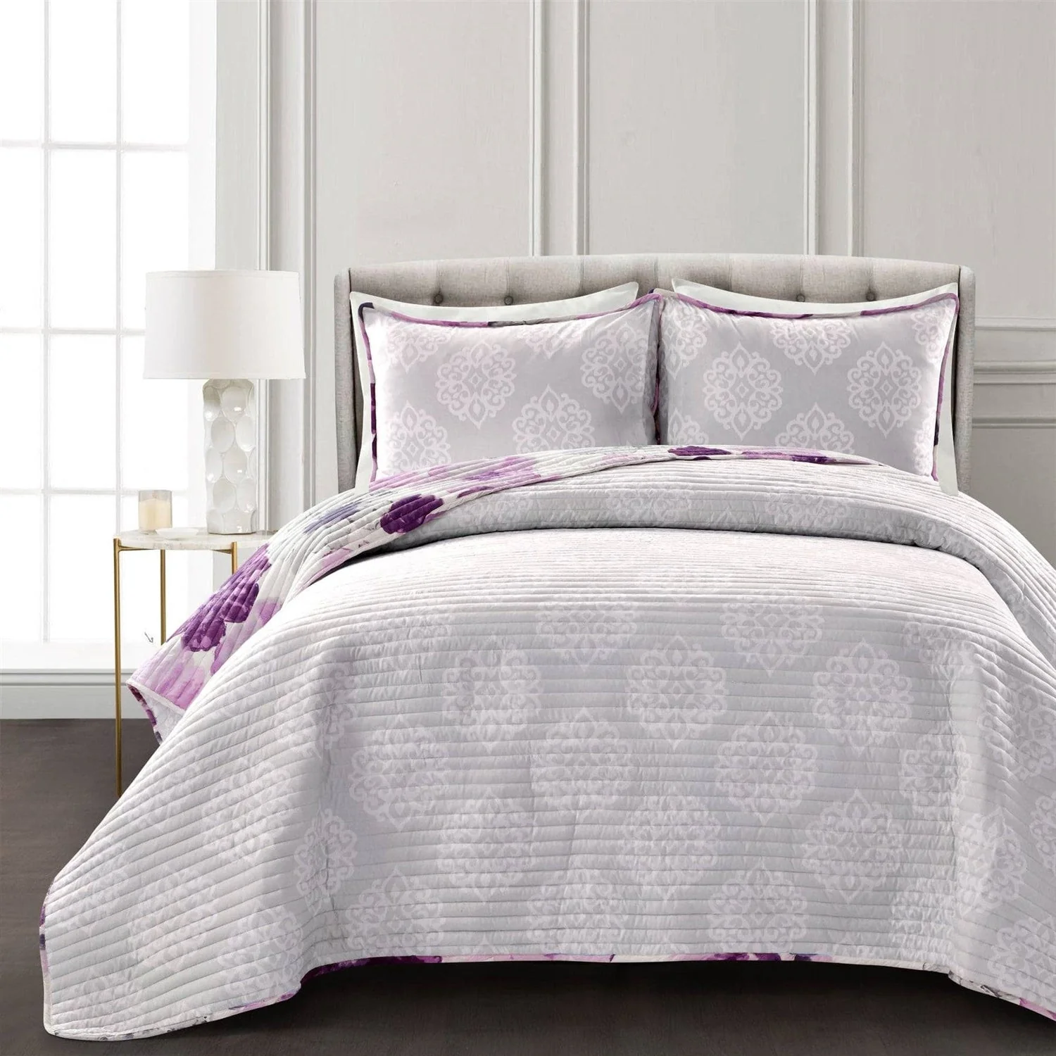 King size Purple Grey Flowers Lightweight Polyester Microfiber Quilt Set - Image 3