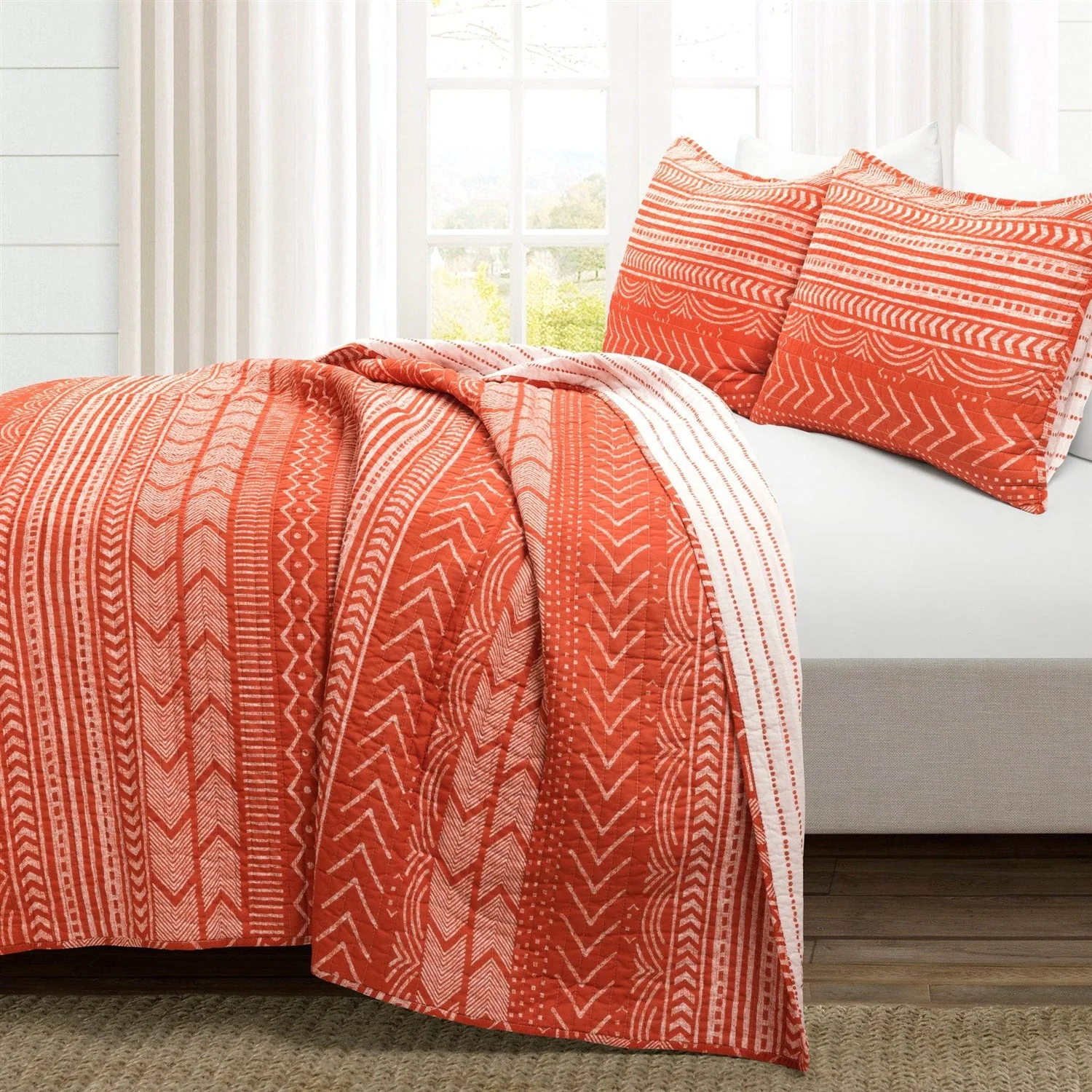 King size Scandinavian Chevron Orange White Stripe Reversible Cotton Quilt Set - Image 2