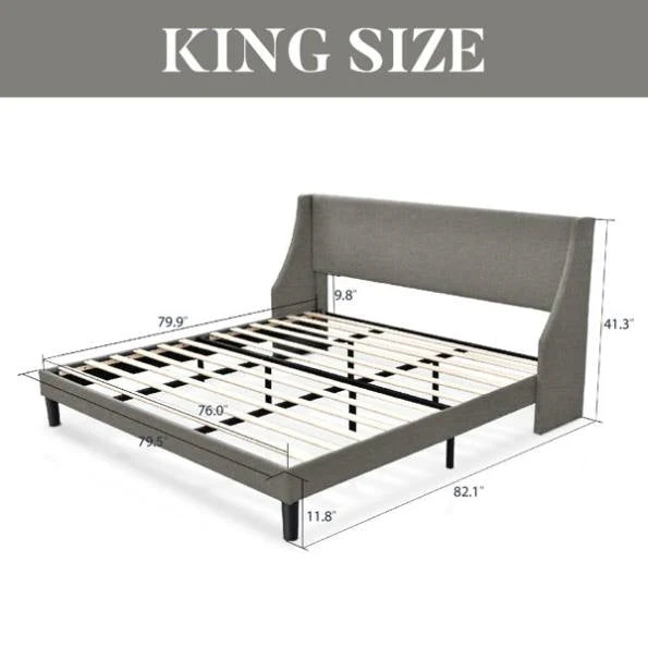 King Size Upholstered Linen Blend Headboard Wingback Platform Bed in Grey - Image 5