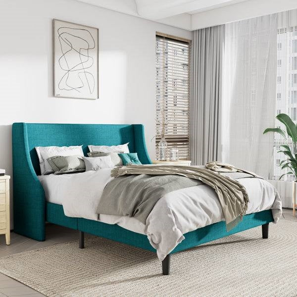 King Size Upholstered Linen Blend Headboard Wingback Platform Bed in Turquoise - Image 2