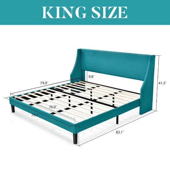 King Size Upholstered Linen Blend Headboard Wingback Platform Bed in Turquoise - Image 5
