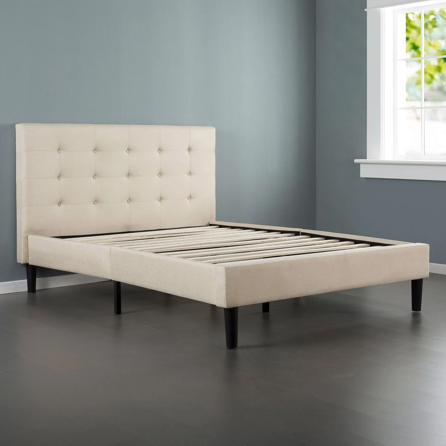 King size Upholstered Platform Bed Frame with Button Tufted Headboard in Taupe - Image 2