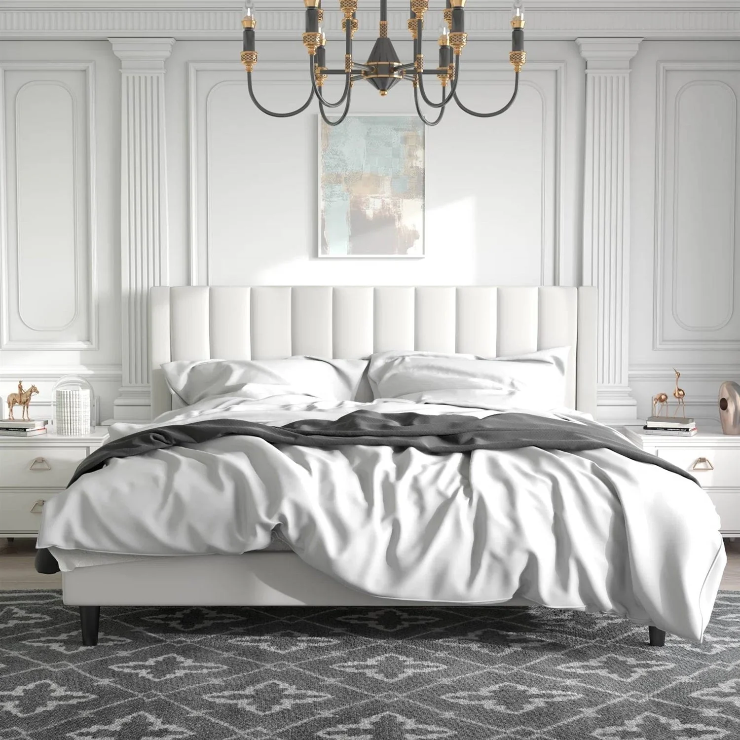 King size White Velvet Upholstered Platform Bed Frame with Headboard - Image 2