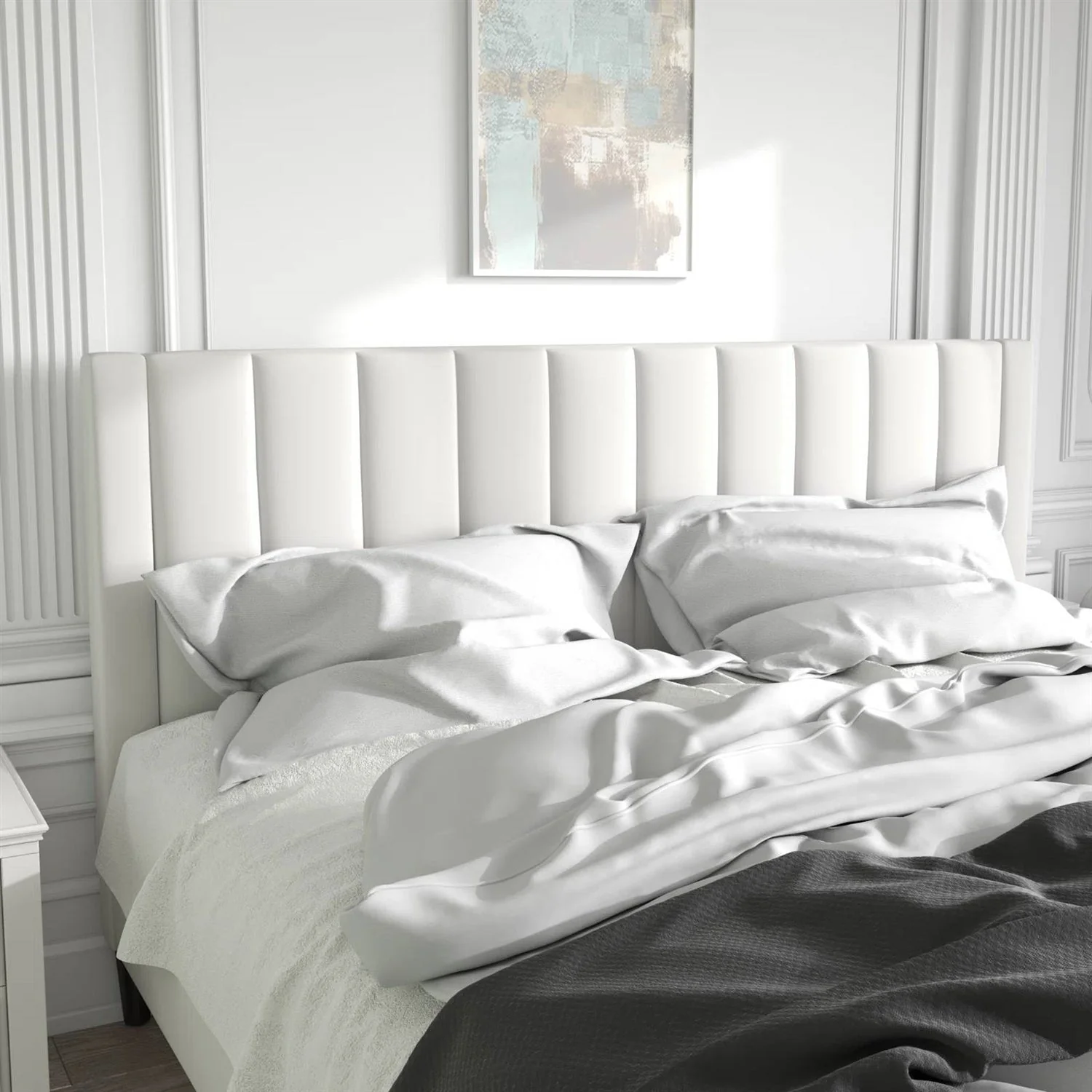 King size White Velvet Upholstered Platform Bed Frame with Headboard - Image 3