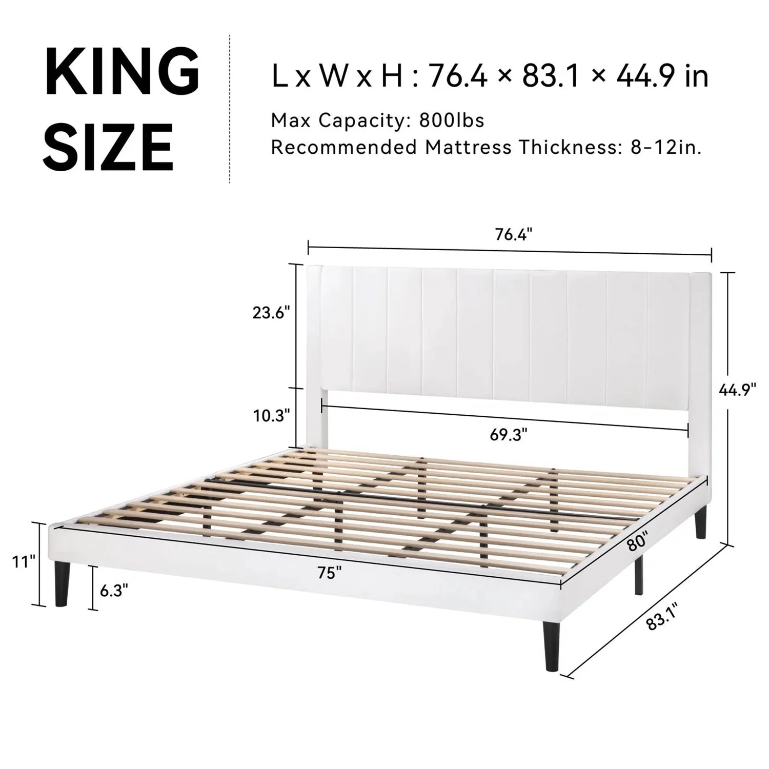 King size White Velvet Upholstered Platform Bed Frame with Headboard - Image 5