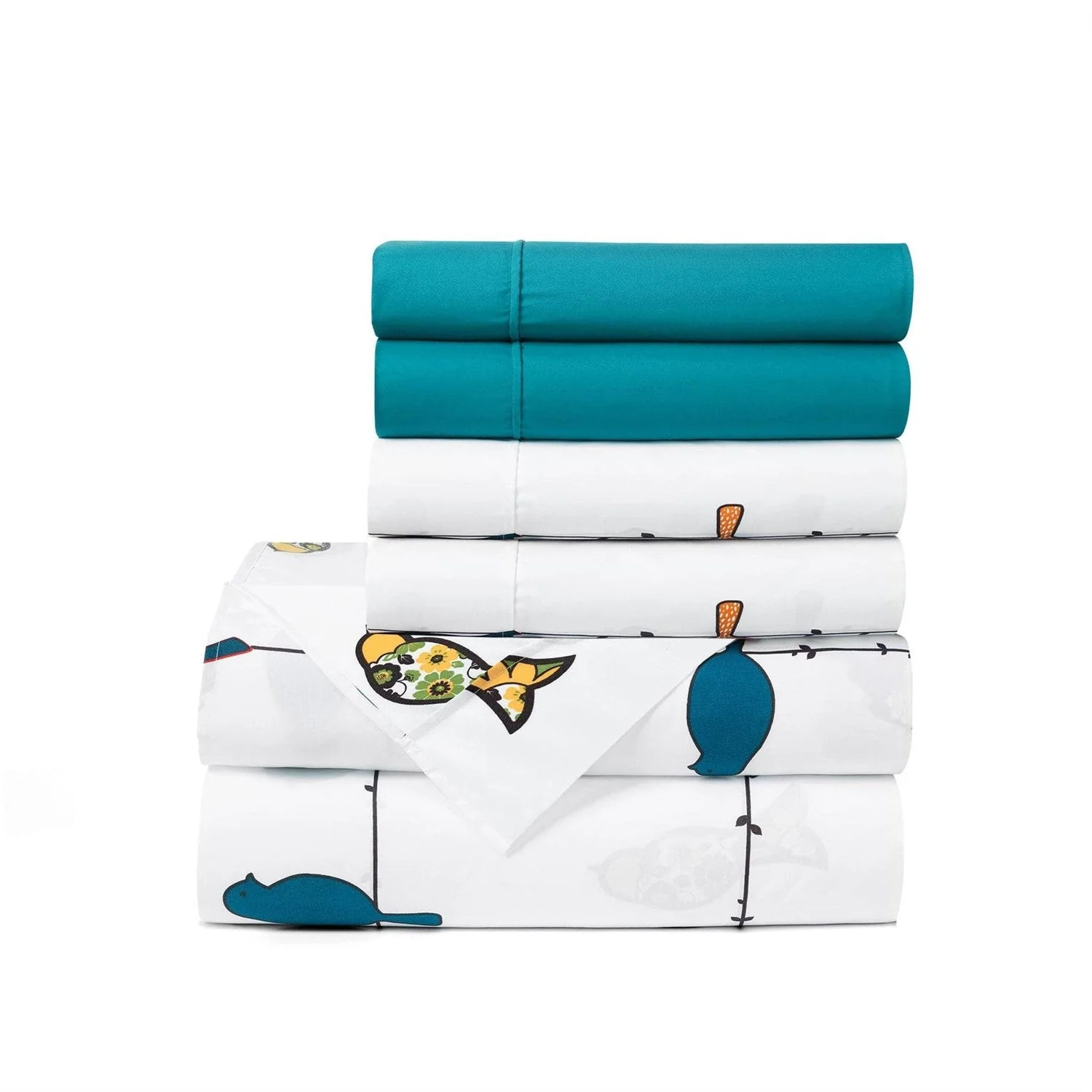 King Teal Yellow White Floral Birds on Wire Soft Polyester 6 Piece Sheet Set - Image 2