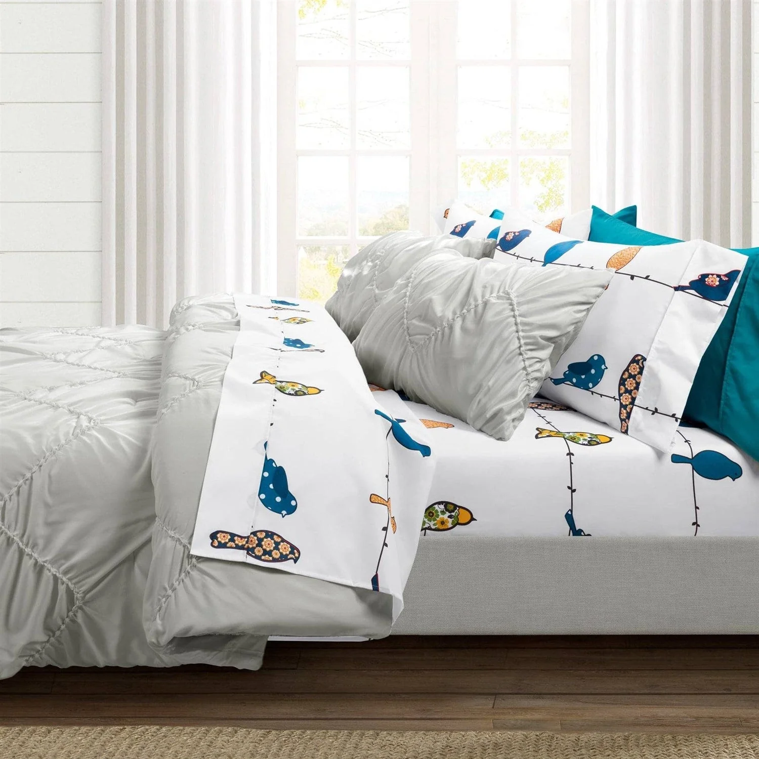 King Teal Yellow White Floral Birds on Wire Soft Polyester 6 Piece Sheet Set - Image 3