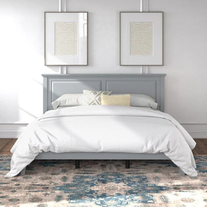 King Traditional Solid Oak Wooden Platform Bed Frame with Headboard in Grey - Image 3