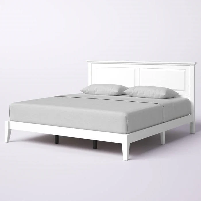 King Traditional Solid Oak Wooden Platform Bed Frame with Headboard in White - Image 3