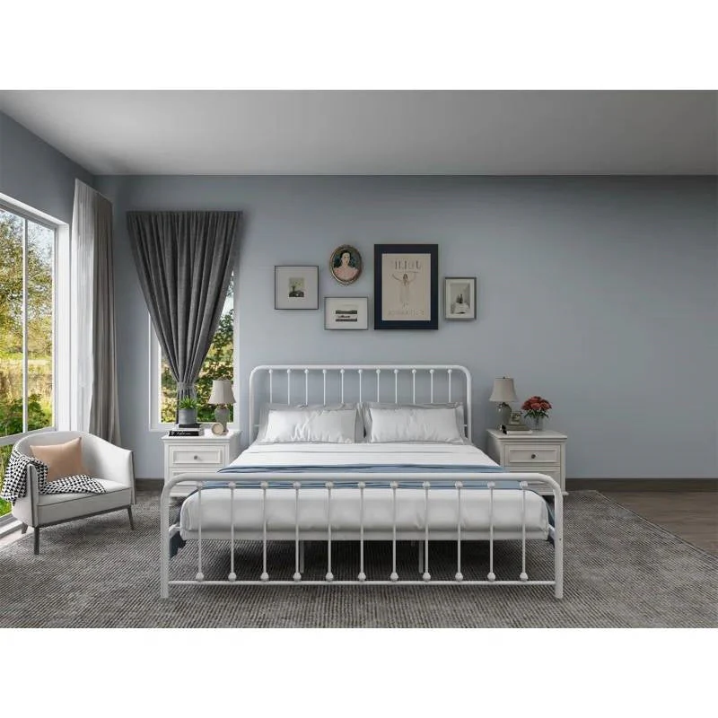 King White Metal Platform Bed Frame with Rounded Corners Headboard Footboard - Image 2
