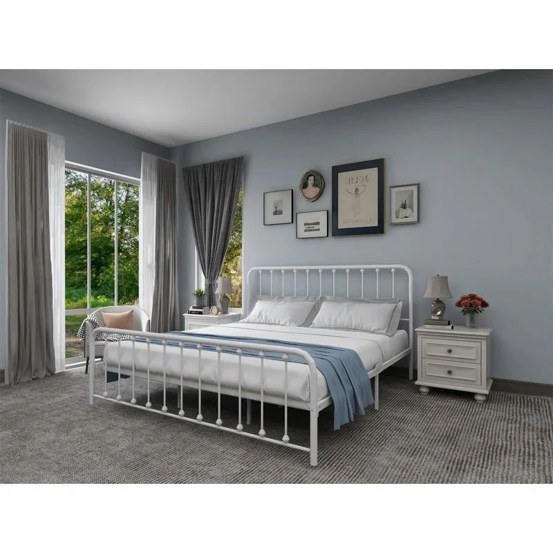 King White Metal Platform Bed Frame with Rounded Corners Headboard Footboard - Image 3