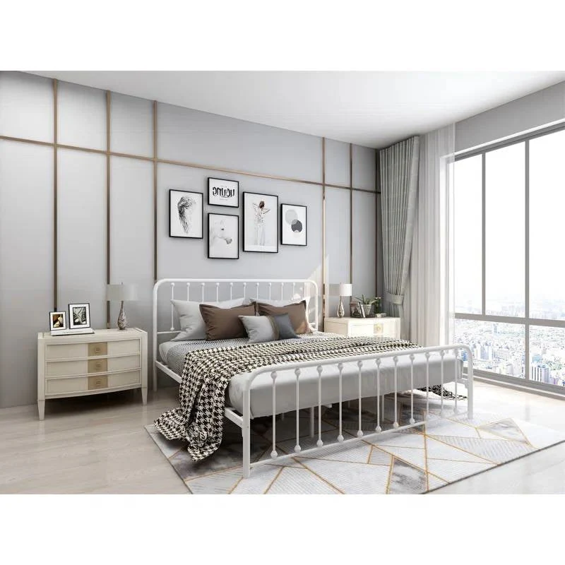 King White Metal Platform Bed Frame with Rounded Corners Headboard Footboard - Image 5