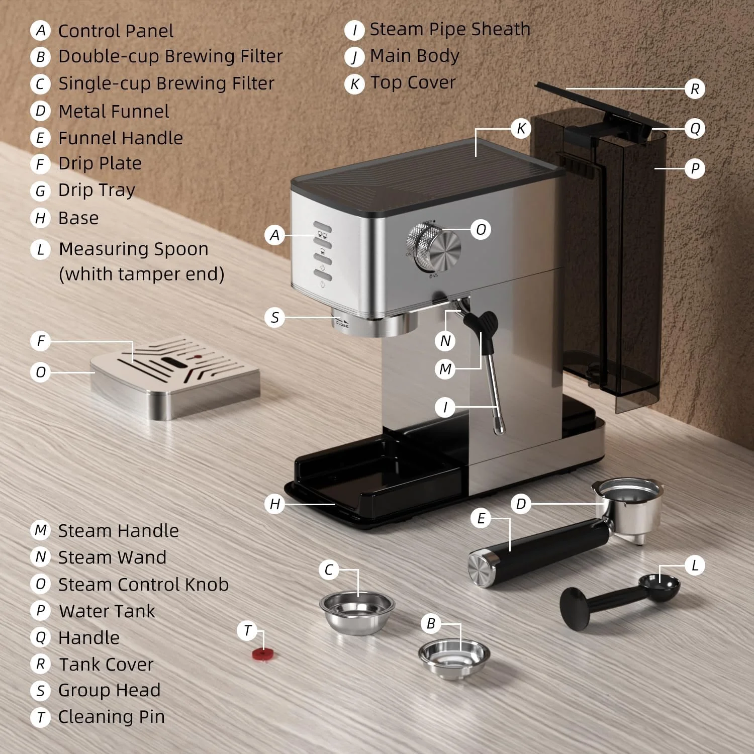 Kismile Espresso Coffee Maker Machine 20 Bar, with Milk Frother Steam Wand CM8032 - Image 14
