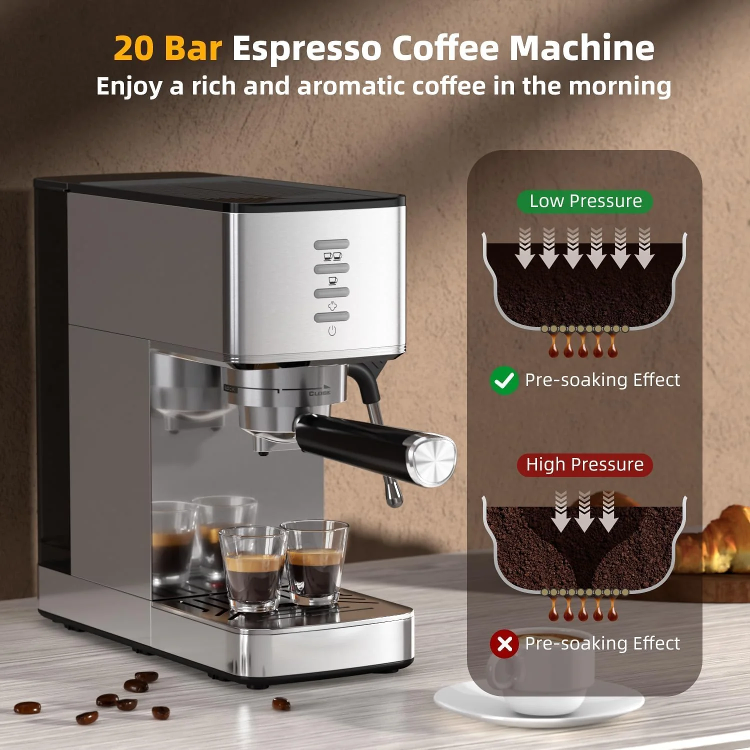 Kismile Espresso Coffee Maker Machine 20 Bar, with Milk Frother Steam Wand CM8032 - Image 9