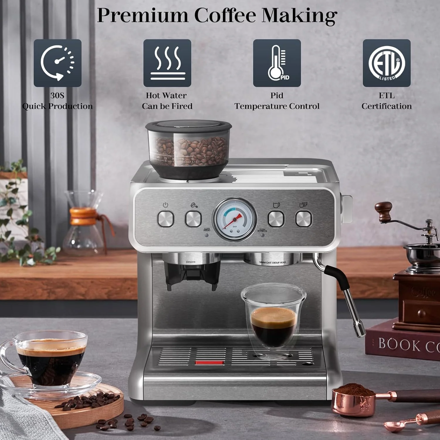Kismile Espresso Machine, Semi-Automatic Coffee Maker with Bean Grinder and Milk Frother Steam Wand - Image 4