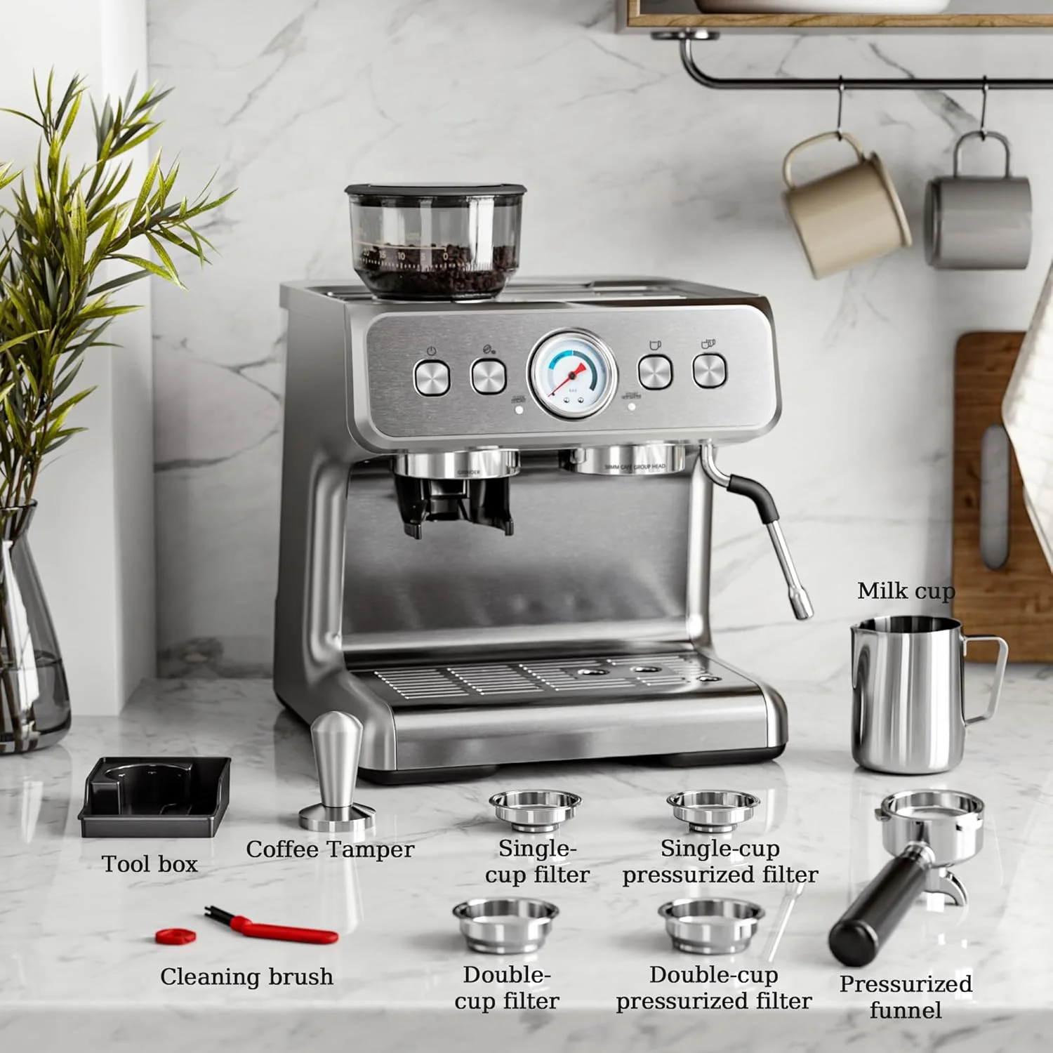 Kismile Espresso Machine, Semi-Automatic Coffee Maker with Bean Grinder and Milk Frother Steam Wand - Image 9