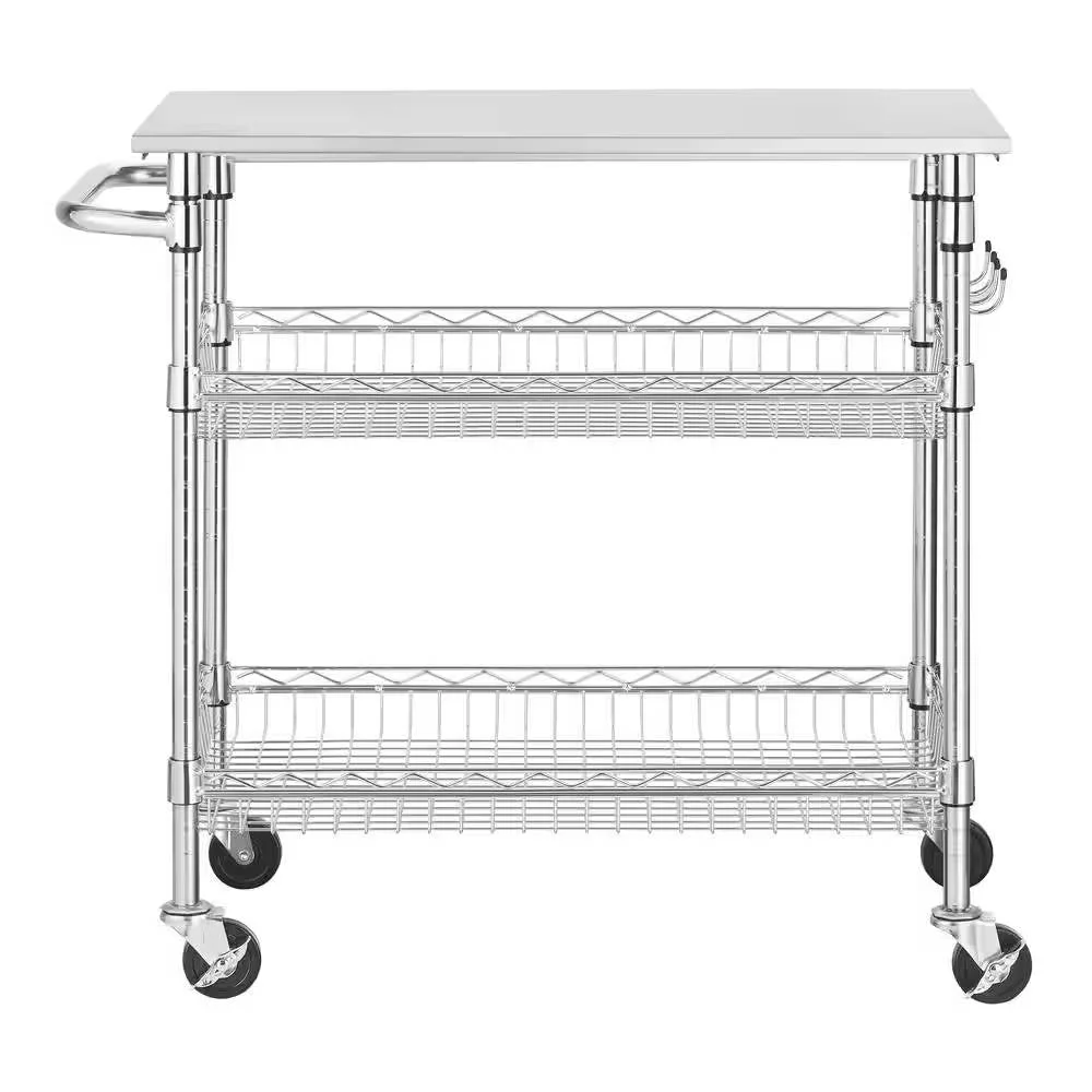 Kitchen Island Cart with Stainless Steel Top and 2 Bottom Storage Shelves - Image 2
