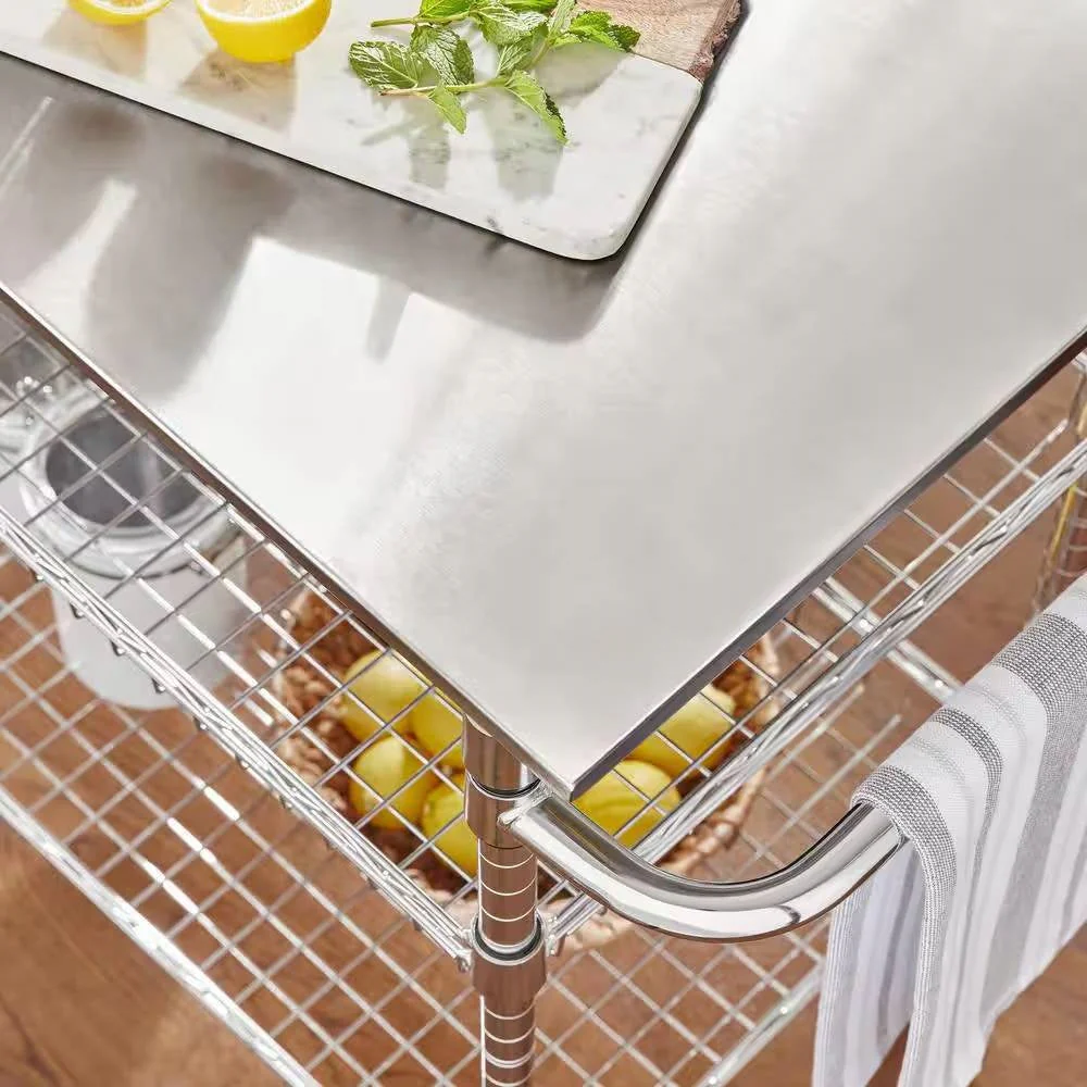 Kitchen Island Cart with Stainless Steel Top and 2 Bottom Storage Shelves - Image 3
