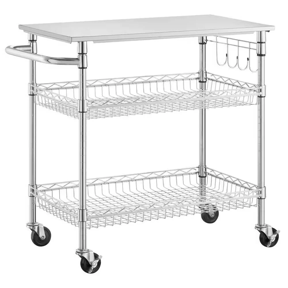 Kitchen Island Cart with Stainless Steel Top and 2 Bottom Storage Shelves - Image 4