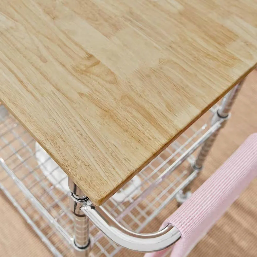 Kitchen Island Cart with Wood Top and 2 Bottom Storage Shelves on Wheels - Image 2