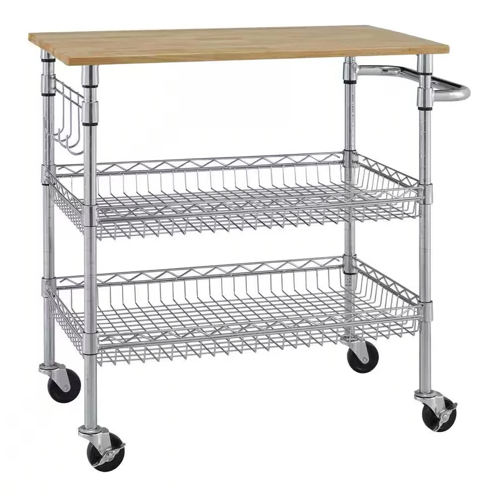 Kitchen Island Cart with Wood Top and 2 Bottom Storage Shelves on Wheels - Image 4