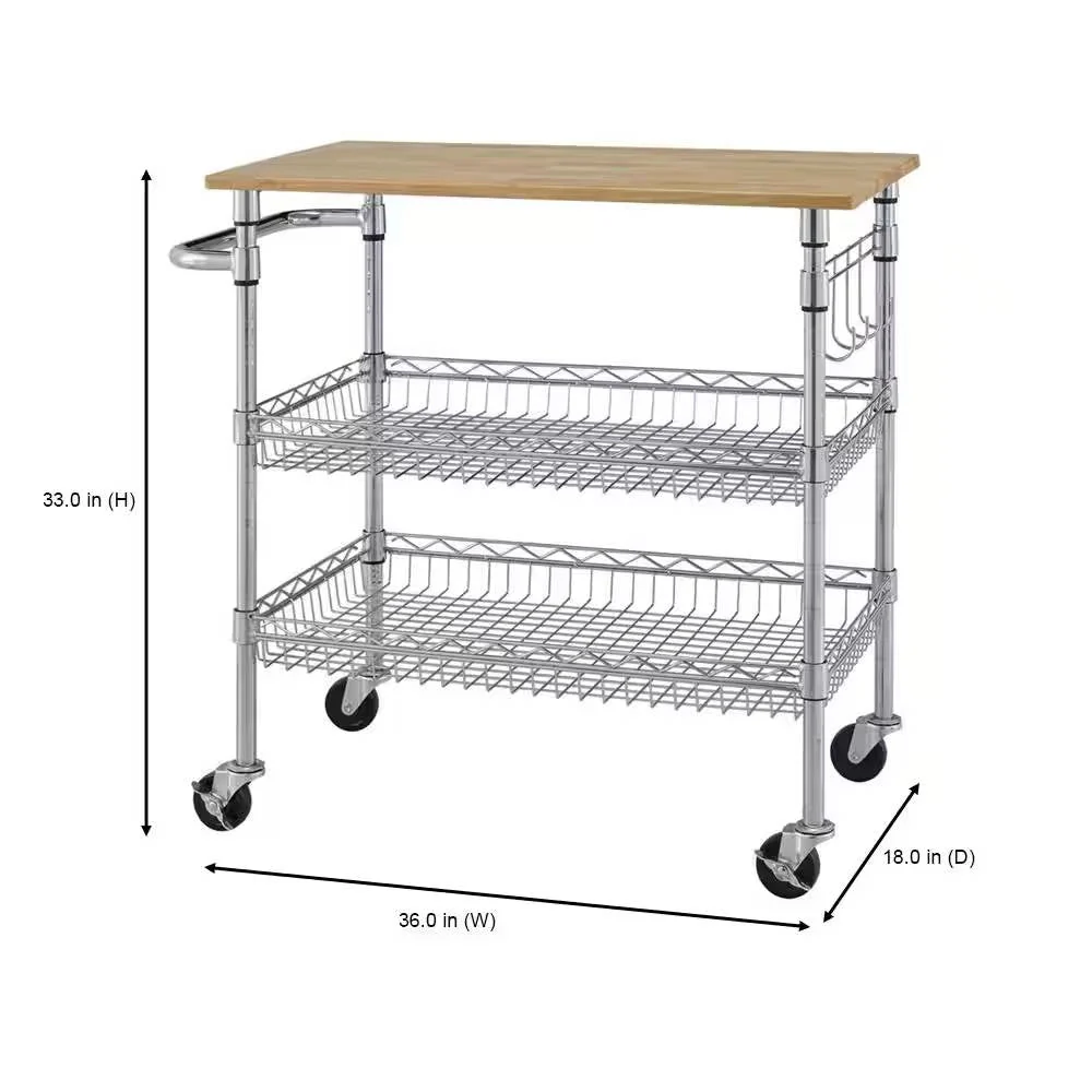 Kitchen Island Cart with Wood Top and 2 Bottom Storage Shelves on Wheels - Image 5