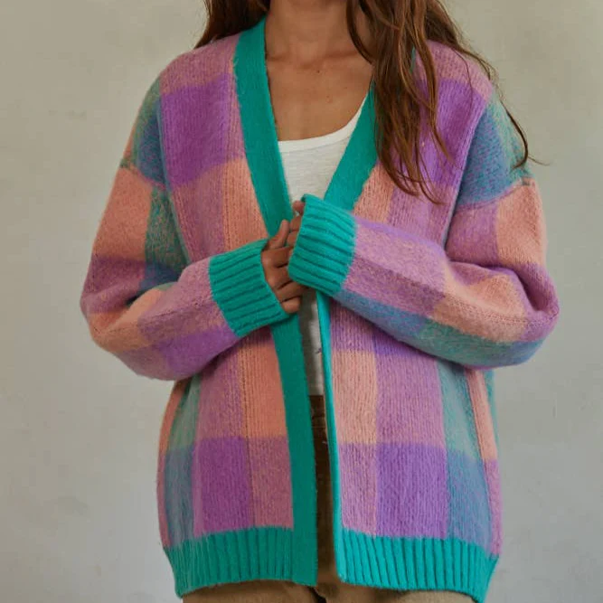 Oversize Peachy Gingham Cardigan [Sizes S-L] | Ultrafuzzy Warm Sweater - Image 2