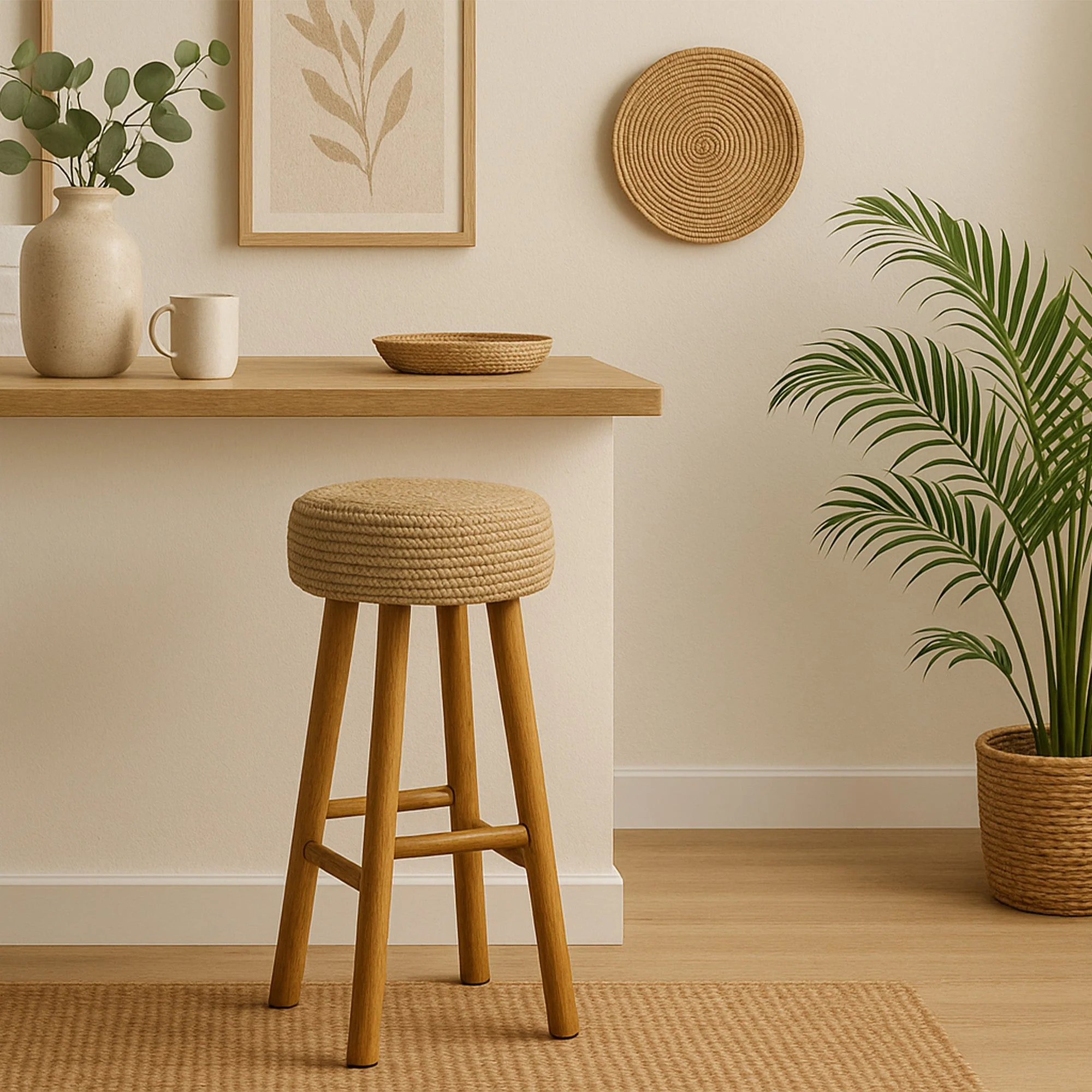 Kuta Natural Teak Indoor Branch Stool with Raffia Seat - 18.5"-30" - Image 4