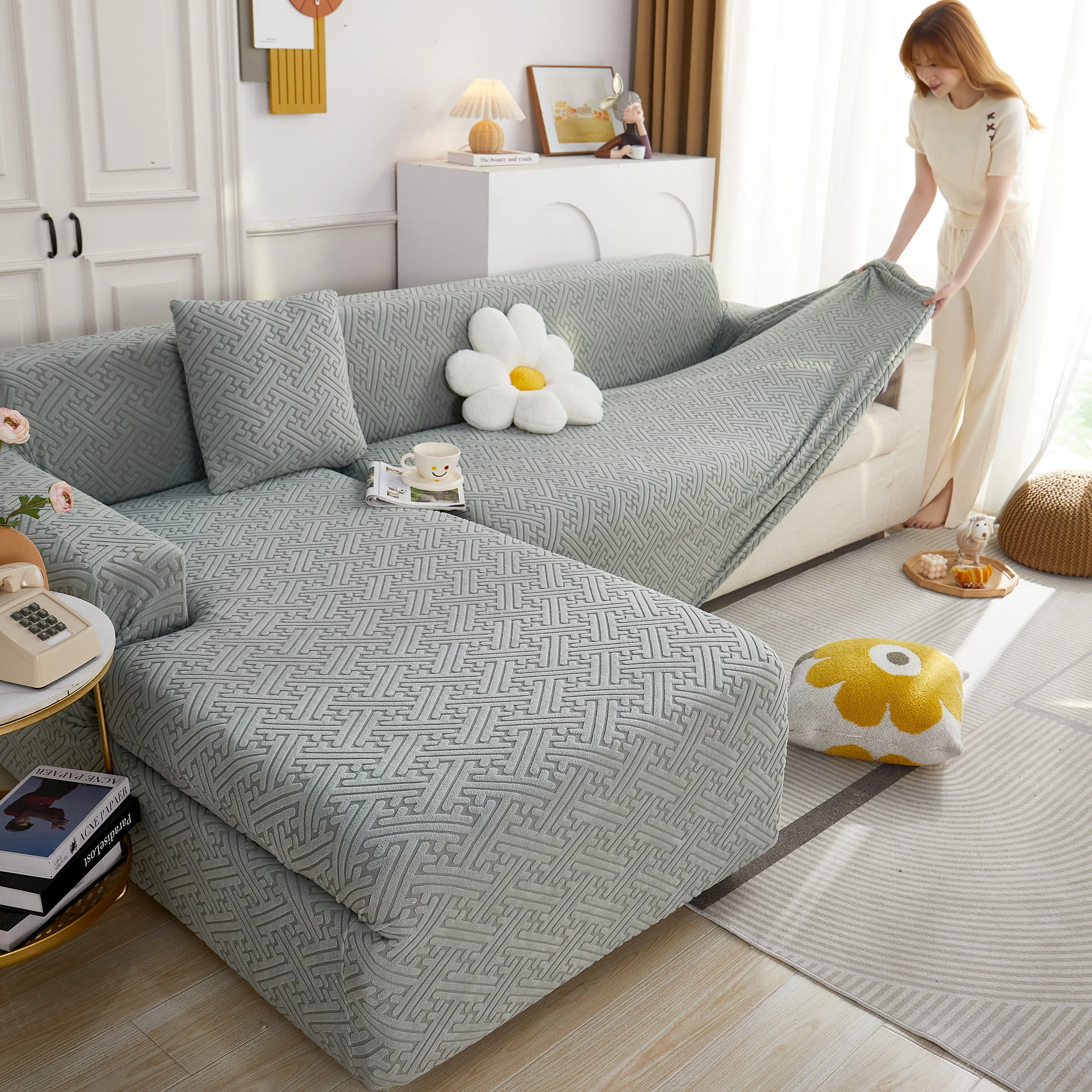 L Shape Sectional Sofa Cover Soft Stretch Furniture Protector Couch Slipcover with 1pcs Free Pillowcases - Image 23
