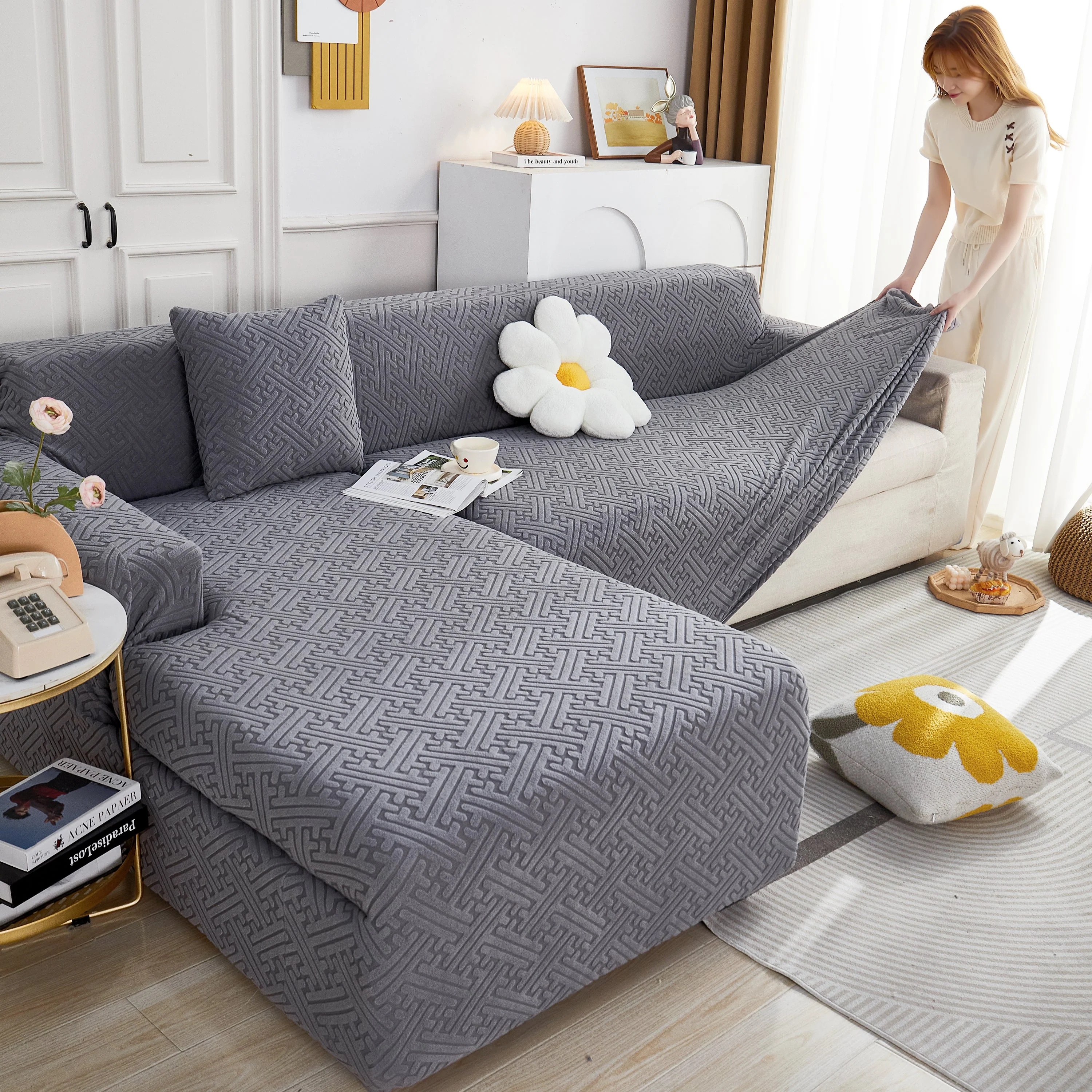 L Shape Sectional Sofa Cover Soft Stretch Furniture Protector Couch Slipcover with 1pcs Free Pillowcases - Image 34