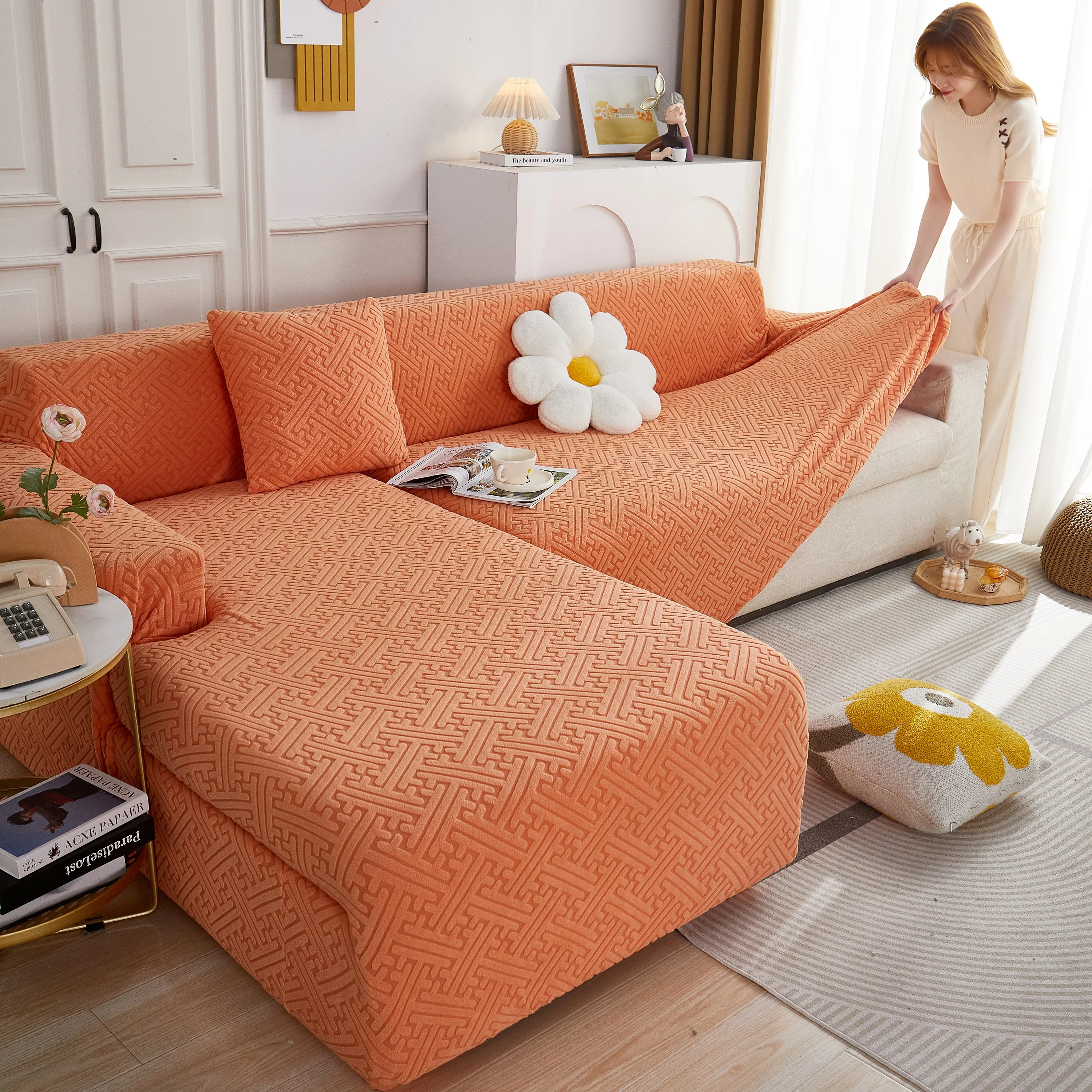 L Shape Sectional Sofa Cover Soft Stretch Furniture Protector Couch Slipcover with 1pcs Free Pillowcases - Image 45