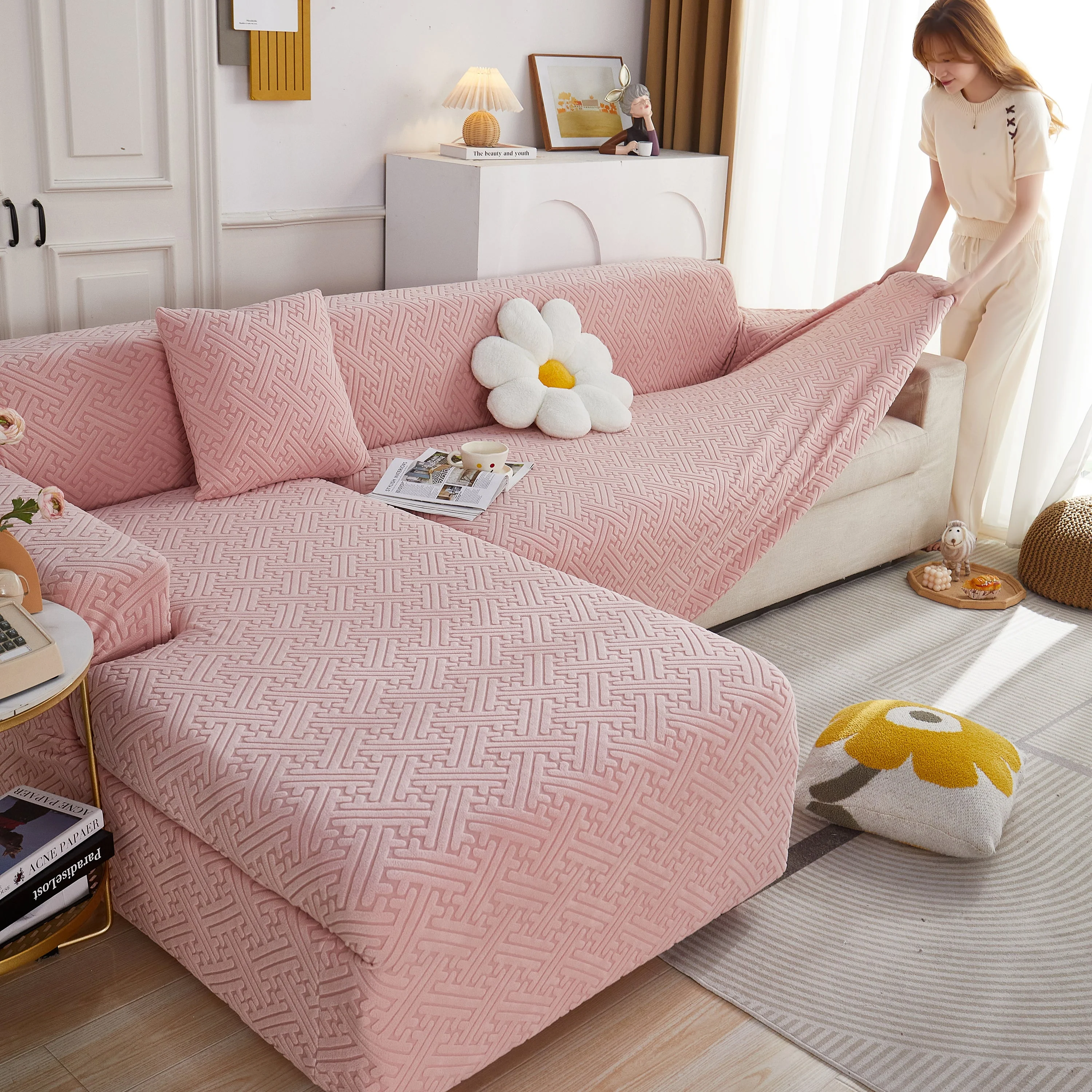 L Shape Sectional Sofa Cover Soft Stretch Furniture Protector Couch Slipcover with 1pcs Free Pillowcases - Image 56