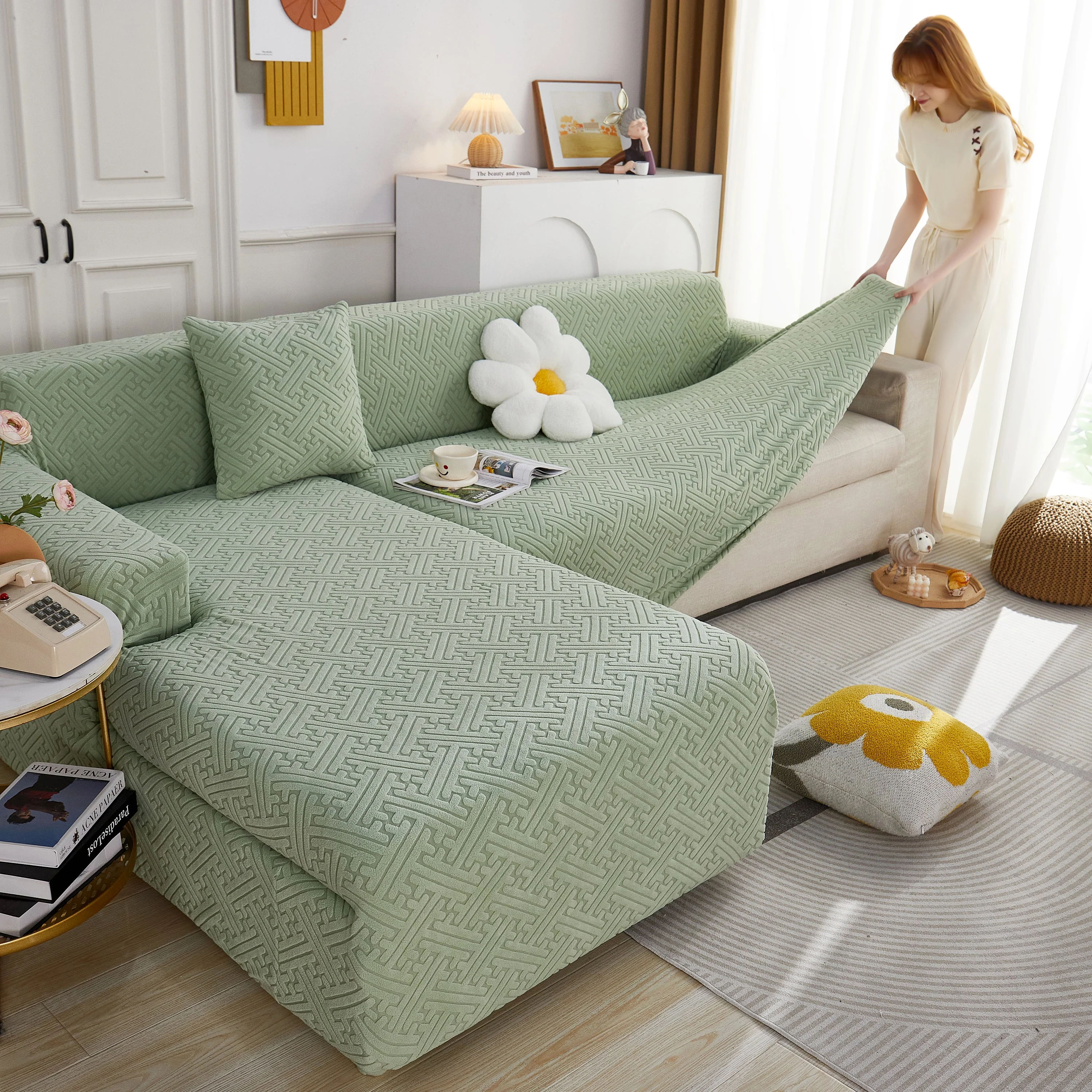 L Shape Sectional Sofa Cover Soft Stretch Furniture Protector Couch Slipcover with 1pcs Free Pillowcases - Image 67
